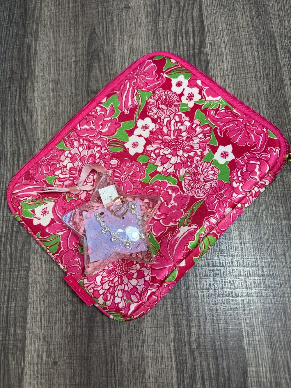 Lily Pulitzer Hot Pink Floral Tablet Sleeve with Faux Pearl Necklace & Ring